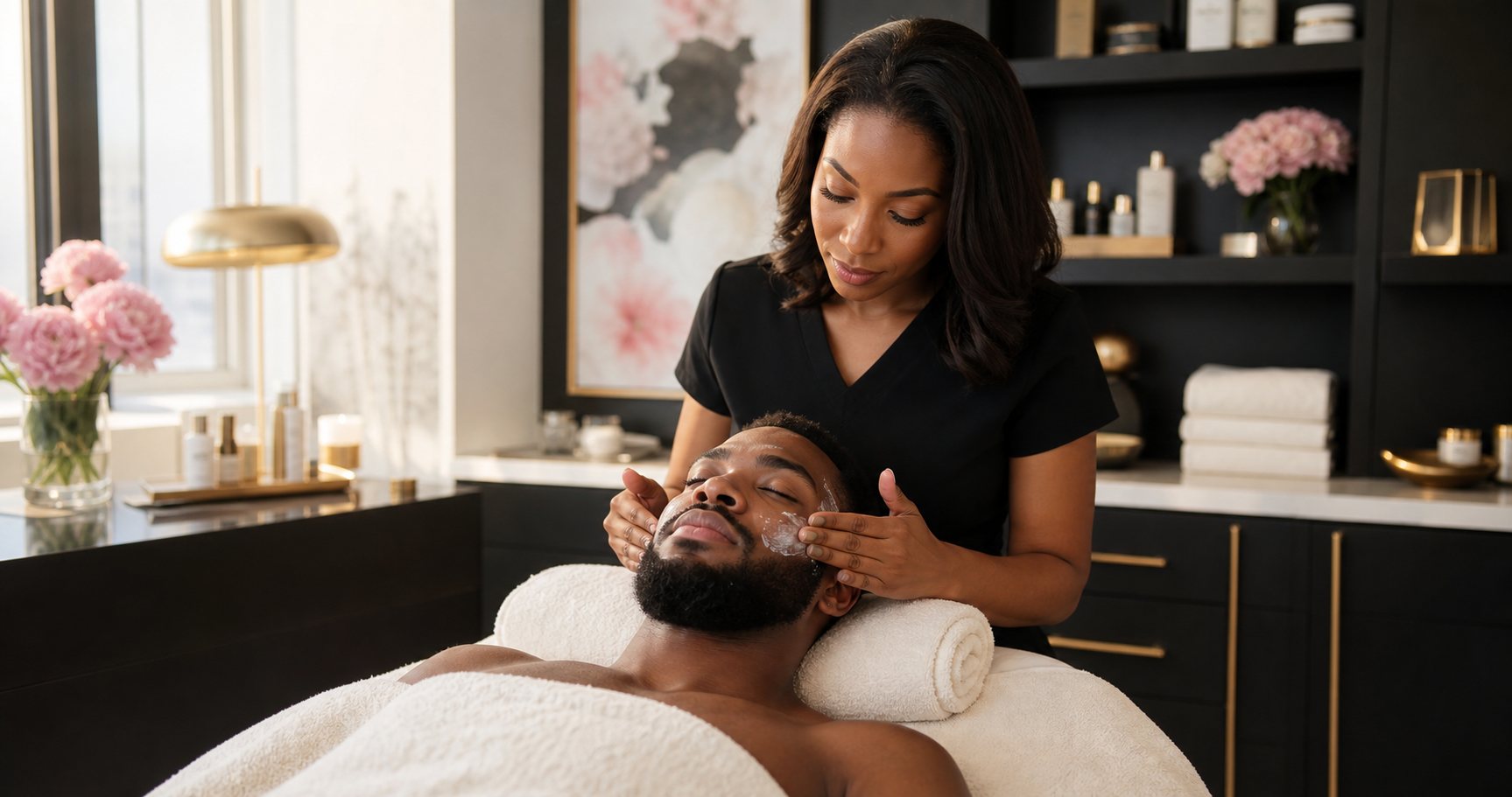 A Black male spa client receiving a facial treatment in a luxury treatment room