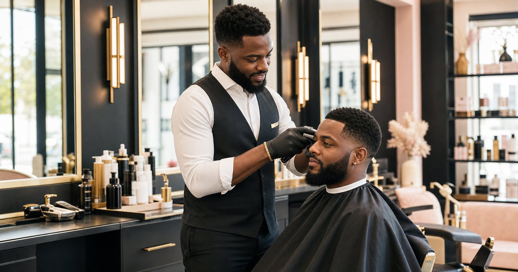 A Black barber serving a Black male client in a modern barbershop
