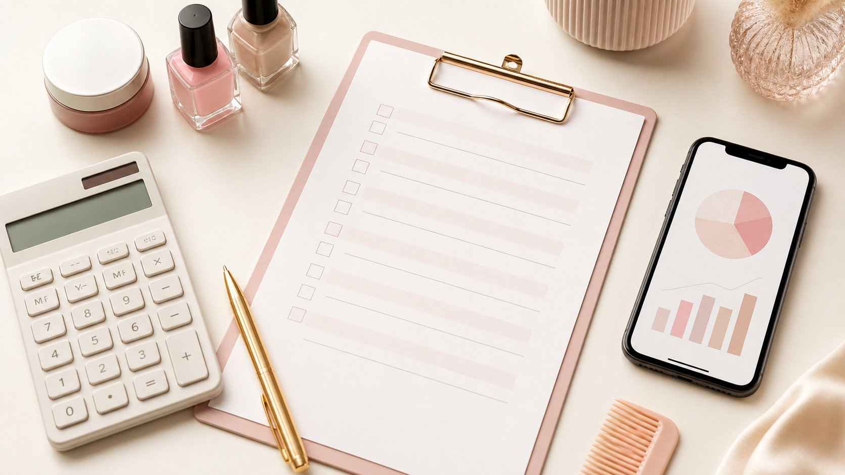 A financial clarity checklist with a calculator, chart, and beauty tools