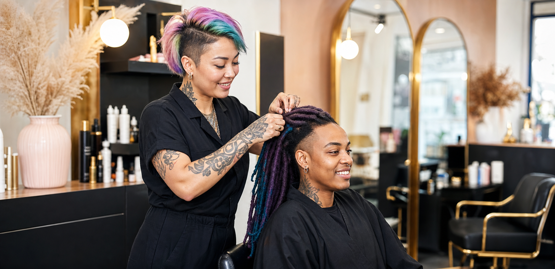 A tattooed stylist with colorful hair styling a client's locs